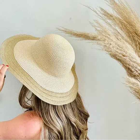 VINTAGE NORDSTROM Cream Tan Straw Wide Brim Floppy Gold Metallic Ribbon Sun Hat - Picture 10 of 10